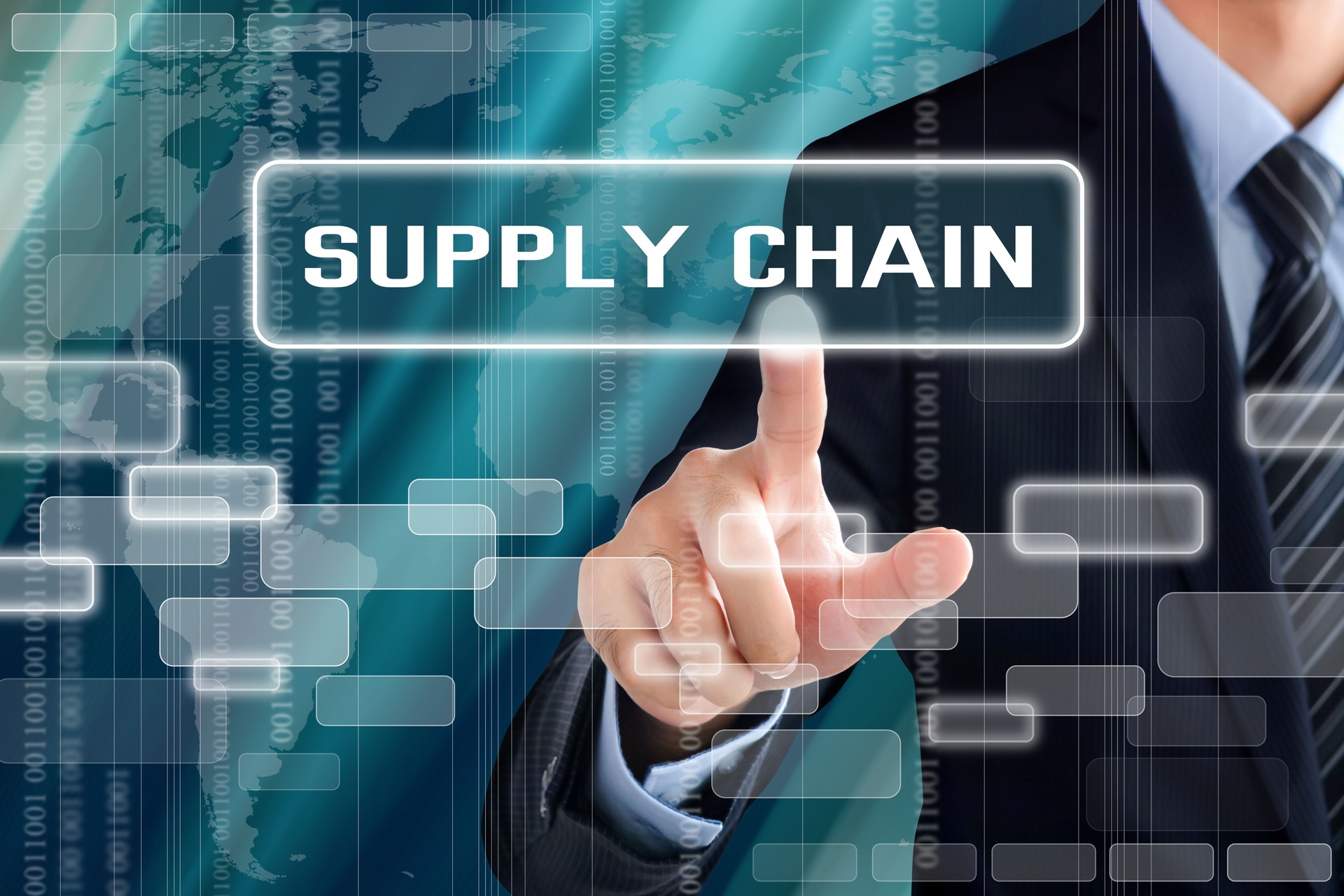 Businessman hand touching SUPPLY CHAIN sign on virtual screen